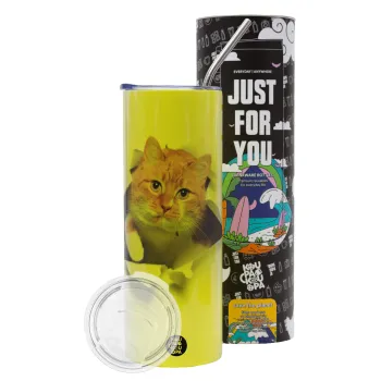 Cat cracked, Neon Yellow Travel Tumbler θερμό, μεταλλικό καλαμάκι(Ανωξείδωτο 304 Food grade, BPA free, 600ml)