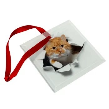 Cat cracked, Christmas ornament, glass square ornament 9x9cm