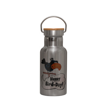 Happy Bird Day, Stainless steel metallic thermos flask, silver with a bamboo lid, double-walled, 350ml.
