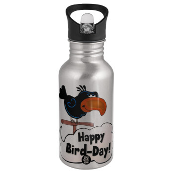 Happy Bird Day, Water bottle Silver with straw, stainless steel 500ml