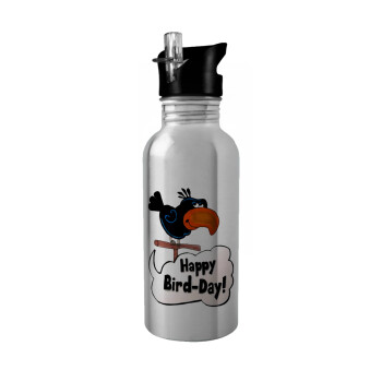 Happy Bird Day, Water bottle Silver with straw, stainless steel 600ml