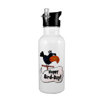 Happy Bird Day, White water bottle with straw, stainless steel 600ml