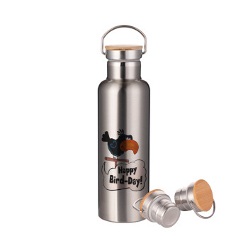 Happy Bird Day, Stainless steel Silver with wooden lid (bamboo), double wall, 750ml