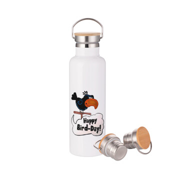 Happy Bird Day, Stainless steel White with wooden lid (bamboo), double wall, 750ml