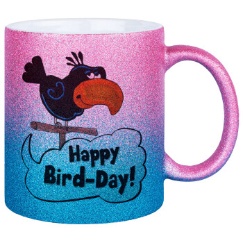 Happy Bird Day, Κούπα Χρυσή/Μπλε Glitter, κεραμική, 330ml