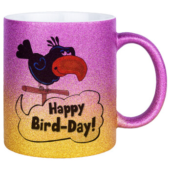 Happy Bird Day, Κούπα Χρυσή/Ροζ Glitter, κεραμική, 330ml
