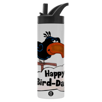 Happy Bird Day, Μεταλλικό παγούρι θερμός με καλαμάκι & χειρολαβή, ανοξείδωτο ατσάλι (Stainless steel 304), διπλού τοιχώματος, 600ml