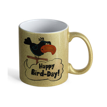 Happy Bird Day, Κούπα Χρυσή Glitter που γυαλίζει, κεραμική, 330ml