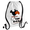 Happy Bird Day, Τσάντα πλάτης πουγκί GYMBAG λευκή, με τσέπη (40x48cm) & χονδρά κορδόνια