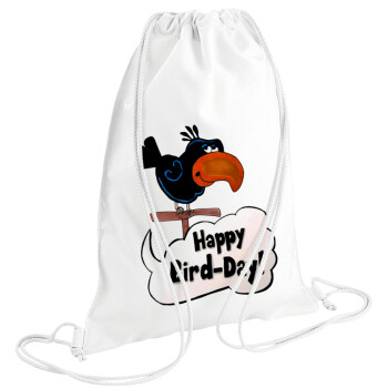 Happy Bird Day, Τσάντα πλάτης πουγκί GYMBAG λευκή (28x40cm)