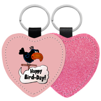 Happy Bird Day, Μπρελόκ PU δερμάτινο glitter καρδιά ΡΟΖ