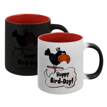Happy Bird Day, Κούπα Μαγική εσωτερικό κόκκινο, κεραμική, 330ml που αλλάζει χρώμα με το ζεστό ρόφημα