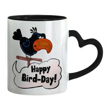 Happy Bird Day, Κούπα καρδιά χερούλι μαύρη, κεραμική, 330ml