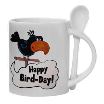 Happy Bird Day, Ceramic coffee mug with Spoon, 330ml (1pcs)