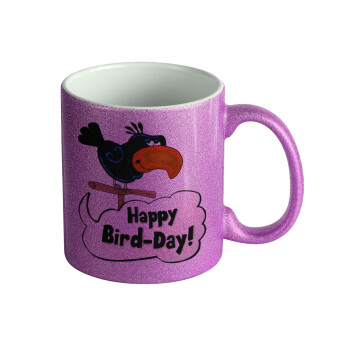 Happy Bird Day, Κούπα Μωβ Glitter που γυαλίζει, κεραμική, 330ml