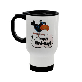 Happy Bird Day, Stainless steel travel mug with lid, double wall white 450ml