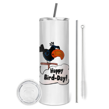 Happy Bird Day, Eco friendly stainless steel tumbler 600ml, with metal straw & cleaning brush