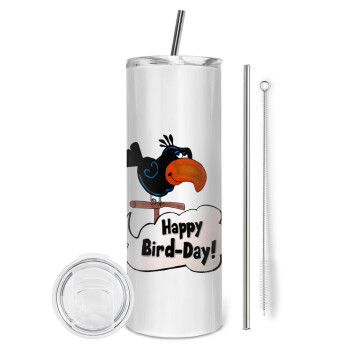 Happy Bird Day, Tumbler stainless steel 600ml, with metal straw & cleaning brush