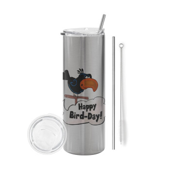 Happy Bird Day, Eco friendly stainless steel Silver tumbler 600ml, with metal straw & cleaning brush