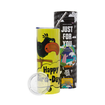 Happy Bird Day, Neon Yellow Travel Tumbler θερμό, μεταλλικό καλαμάκι(Ανωξείδωτο 304 Food grade, BPA free, 600ml)