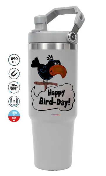 Happy Bird Day — ΓΚΡΙ Travel Tumbler Θερμός με χερούλι και καλαμάκι 890ml