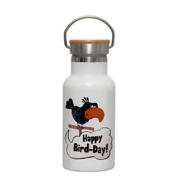 Happy Bird Day, Metallic thermos (Stainless steel) White with wooden lid (bamboo), double-walled, 350ml