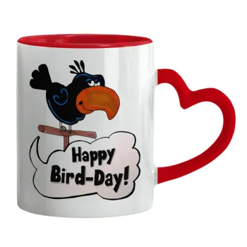 Happy Bird Day, Κούπα καρδιά χερούλι κόκκινη, κεραμική, 330ml