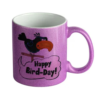 Happy Bird Day, Κούπα Μωβ Glitter που γυαλίζει, κεραμική, 330ml