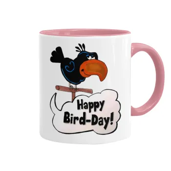 Happy Bird Day, Κούπα χρωματιστή ροζ, κεραμική, 330ml