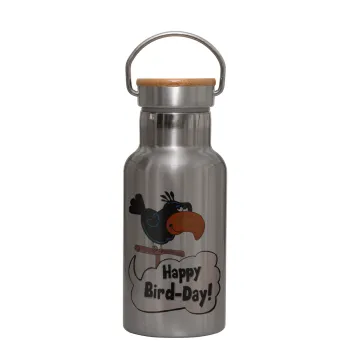 Happy Bird Day, Μεταλλικό παγούρι θερμός (Stainless steel) Ασημένιο με ξύλινο καπακι (bamboo), διπλού τοιχώματος, 350ml