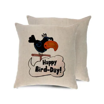Happy Bird Day, Μαξιλάρι καναπέ ΛΙΝΟ 40x40cm περιέχεται το  γέμισμα