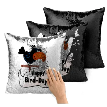 Happy Bird Day, Μαξιλάρι καναπέ Μαγικό Μαύρο με πούλιες 40x40cm περιέχεται το γέμισμα