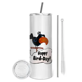 Happy Bird Day, Tumbler ποτήρι θερμό από ανοξείδωτο ατσάλι 600ml, με μεταλλικό καλαμάκι & βούρτσα καθαρισμού