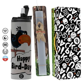 Happy Bird Day, Πασχαλινή Λαμπάδα με Travel Tumbler θερμό (600ml, BPA free) & κερί αρωματικό πλακέ (30cm) (ΓΚΡΙ)