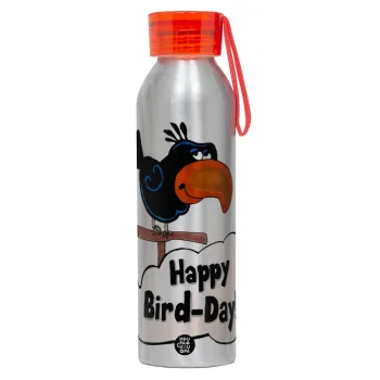 Happy Bird Day, Αλουμινένιο Αθλητικό Μπουκάλι 650ml – Ασημί με Κόκκινο Καπάκι και Λουράκι Σιλικόνης