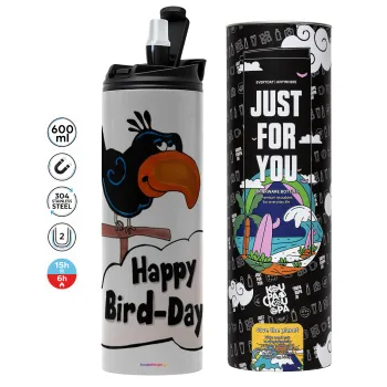 Happy Bird Day, Tumbler ποτήρι θερμό ΓΚΡΙ από ανοξείδωτο ατσάλι 600ml