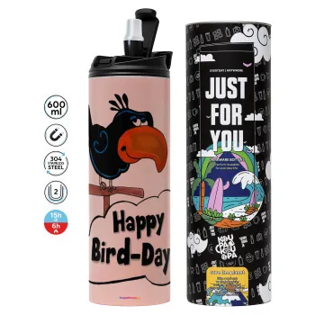 Happy Bird Day, Tumbler ποτήρι θερμό ΡΟΖ από ανοξείδωτο ατσάλι 600ml
