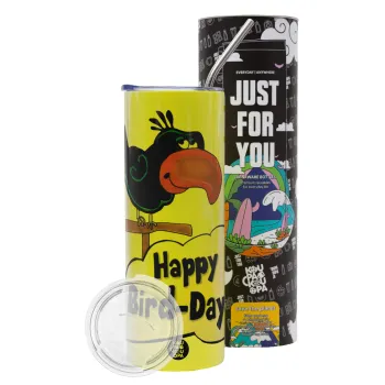 Happy Bird Day, Neon Yellow Travel Tumbler θερμό, μεταλλικό καλαμάκι(Ανωξείδωτο 304 Food grade, BPA free, 600ml)
