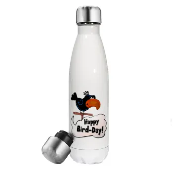 Happy Bird Day, Μεταλλικό παγούρι θερμός Λευκό (Stainless steel), διπλού τοιχώματος, 500ml