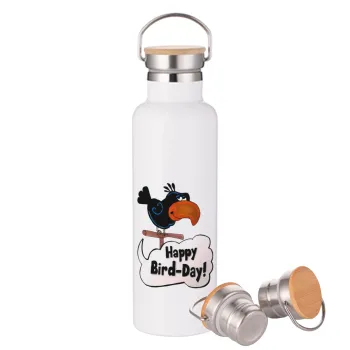 Happy Bird Day, Μεταλλικό παγούρι θερμός (Stainless steel) Λευκό με ξύλινο καπάκι (bamboo), διπλού τοιχώματος, 750ml