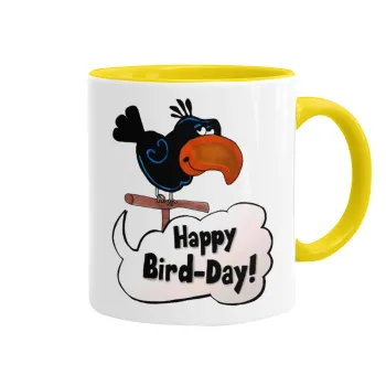 Happy Bird Day, Κούπα χρωματιστή κίτρινη, κεραμική, 330ml