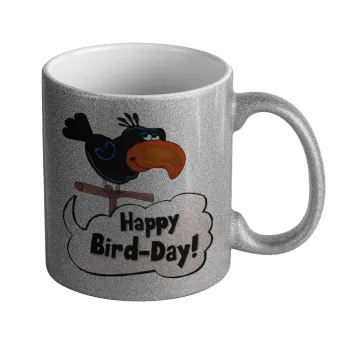 Happy Bird Day, Κούπα Ασημένια Glitter που γυαλίζει, κεραμική, 330ml