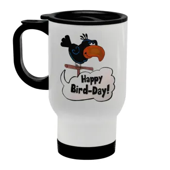 Happy Bird Day, Stainless steel travel mug with lid, double wall white 450ml