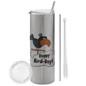 Happy Bird Day, Tumbler ποτήρι θερμό Ασημένιο από ανοξείδωτο ατσάλι 600ml, με μεταλλικό καλαμάκι & βούρτσα καθαρισμού