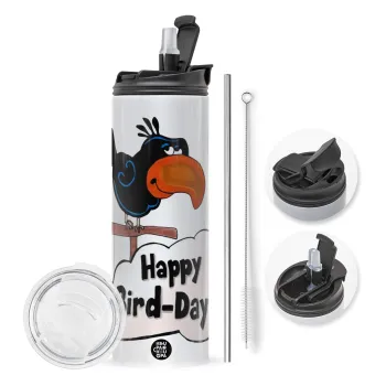 Happy Bird Day, Travel Tumbler θερμό με διπλό καπάκι, μεταλλικό καλαμάκι και βούρτσα καθαρισμού (Ανωξείδωτο 304 Food grade, BPA free, 600ml)
