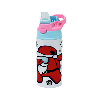 Among US Xmas, Παιδικό παγούρι θερμό, ανοξείδωτο, με καλαμάκι ασφαλείας, Ροζ/Σιελ (360ml) BPA FREE