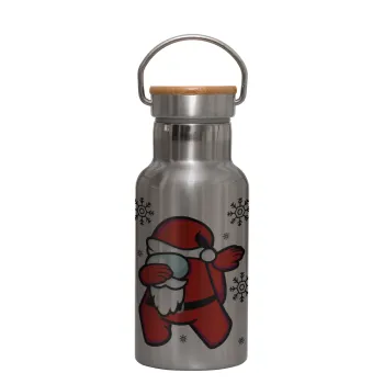 Among US Xmas, Stainless steel metallic thermos flask, silver with a bamboo lid, double-walled, 350ml.