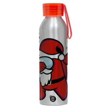 Among US Xmas, Αλουμινένιο Αθλητικό Μπουκάλι 650ml – Ασημί με Κόκκινο Καπάκι και Λουράκι Σιλικόνης