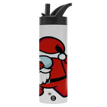 Among US Xmas, Metallic thermos bottle with straw & handle, stainless steel (Stainless steel 304), double-walled, 600ml.