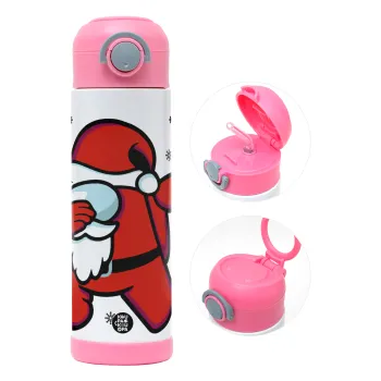 Among US Xmas, Παιδικό παγούρι θερμό, ανοξείδωτο, με καλαμάκι ασφαλείας, ΡΟΖ (500ml)